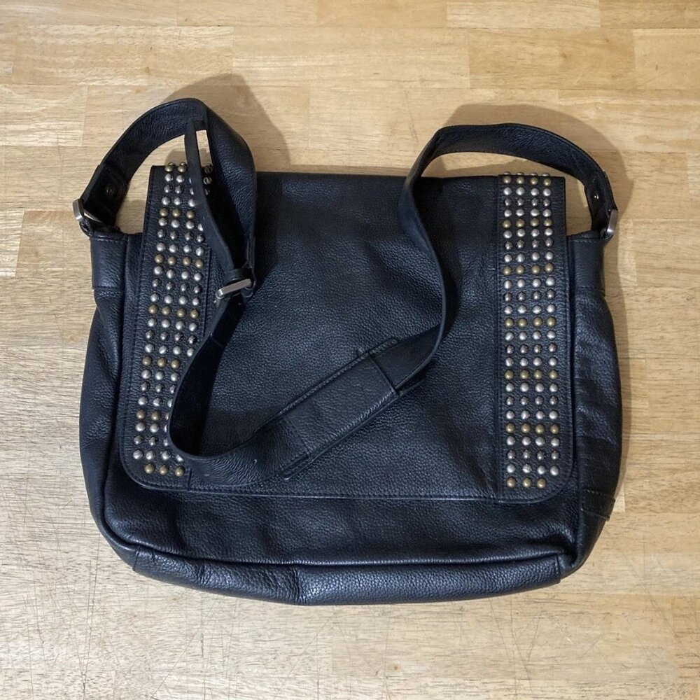 Joe’s Jeans Colby Black Leather Studded Messenger Bag with Crossbody Strap EUC
